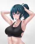  1girl absurdres armpits arms_up black_sports_bra blue_eyes blue_hair blush breasts byleth_(fire_emblem) byleth_eisner_(female) collarbone drie eyebrows_visible_through_hair fire_emblem fire_emblem:_three_houses hair_tie hair_tie_in_mouth highres large_breasts midriff mouth_hold sidelocks simple_background sports_bra sweat tying_hair white_background 