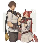  2boys :d ^_^ ^o^ adventurer_(ff14) animal_ears bangs belt black_gloves black_scarf braid braided_ponytail brown_hair cape cat_boy cat_ears cat_tail closed_eyes cosplay costume_switch cowboy_shot cropped_legs dated elbow_gloves facial_hair facial_mark ffxivys final_fantasy final_fantasy_xiv fingerless_gloves from_side g&#039;raha_tia gloves hair_ornament hand_up hands_up highres holding holding_clothes holding_scarf hyur male_focus miqo&#039;te multiple_boys open_mouth red_cape red_eyes redhead scarf shirt short_hair short_ponytail single_braid smile standing stubble swept_bangs tail two-tone_background vambraces white_background white_shirt x_hair_ornament 