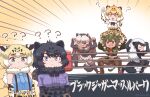  6+girls ? ?? animal_ears animal_print arizonan_jaguar_(kemono_friends) arm_up arms_at_sides arms_up aurochs_(kemono_friends) badger_ears badger_tail bandaid bandaid_on_face bandaid_on_nose bare_shoulders black_hair black_jaguar_(kemono_friends) blonde_hair blue_eyes blush_stickers boots breast_pocket brown_eyes brown_hair camouflage camouflage_shirt camouflage_skirt carrying chibi closed_mouth confused cow_ears cow_girl cow_horns cow_tail elbow_gloves emphasis_lines fang flexing fur_scarf gloves green_eyes green_hair grey_hair high-waist_skirt horizontal_pupils horns jaguar_(kemono_friends) jaguar_ears jaguar_girl jaguar_print jaguar_tail kemono_friends looking_at_another medium_hair metamimi midriff miniskirt multicolored_hair multiple_girls navel necktie one_eye_closed open_mouth pantyhose parted_bangs pleated_skirt pocket print_gloves print_skirt ratel_(kemono_friends) scar scar_on_face scarf shirt shoes short_sleeves skirt sleeveless sleeveless_shirt smile standing stomach tail tan thigh_boots v-shaped_eyebrows white_hair wolverine_(kemono_friends) wrestling_ring yellow_eyes zettai_ryouiki 