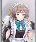  1girl alternate_costume apron aqua_bow aqua_bowtie artist_name black_dress black_gloves blue_eyes blush bow bowtie brown_hair buttons closed_mouth dated dress enmaided gloves kantai_collection kazagumo_(kancolle) long_hair maid maid_apron maid_headdress ponytail puffy_short_sleeves puffy_sleeves short_sleeves signature solo tk8d32 upper_body white_apron 