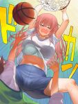  a1 arms_up bangs basketball basketball_hoop blue_shorts bra breasts closed_eyes clothes_lift emphasis_lines eyebrows_visible_through_hair gradient gradient_background highres inui_shinju large_breasts long_hair pink_hair shirt shirt_lift short_shorts shorts sleeves_rolled_up solo_focus sono_bisque_doll_wa_koi_wo_suru spread_legs sweat sweating_profusely underwear white_shirt 