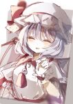  1girl :d blurry blush closed_eyes depth_of_field hat hat_ribbon highres long_sleeves mob_cap open_mouth puffy_sleeves remilia_scarlet ribbon shiba_0007 simple_background sketch smile solo touhou upper_body white_background wings 