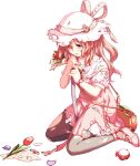  1girl acea4 bag blush bouquet brown_eyes brown_hair dress eyebrows_visible_through_hair flower full_body grey_legwear hat holding holding_bouquet kantai_collection long_hair official_alternate_costume official_art open_mouth pantyhose petals pink_dress pink_footwear puffy_short_sleeves puffy_sleeves red_flower shirt shoes short_sleeves shoulder_bag solo thick_eyebrows torn_clothes torn_dress torn_hat torn_legwear torn_shirt transparent_background wavy_hair white_headwear white_shirt yashiro_(kancolle) 