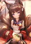  &gt;_&lt; 0_0 1girl absurdres amagi-chan_(azur_lane) animal_ear_fluff animal_ears azur_lane bangs bare_shoulders blush brown_hair brown_legwear child closed_mouth commentary_request creature detached_sleeves eyebrows_visible_through_hair fox_ears fox_girl fox_tail hair_intakes highres japanese_clothes large_tail leaf long_hair long_sleeves looking_at_viewer manjuu_(azur_lane) multiple_tails nekoya_(liu) pantyhose petals petting red_ribbon ribbon sitting solo_focus tail tassel two_side_up very_long_hair violet_eyes wide_sleeves 