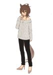  1girl agnes_tachyon_(umamusume) ahoge animal_ears brown_eyes brown_footwear brown_hair commentary_request full_body grey_sweater high_heels horse_ears horse_girl horse_tail jewelry long_sleeves medium_hair nazuka_(mikkamisaki) necklace pants simple_background solo standing sweater tail umamusume white_background 