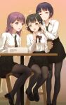  3girls :d ;) absurdres black_hair black_legwear black_skirt brand_name_imitation high-waist_skirt highres himitsu_(hi_mi_tsu_2) hina_saori_(himitsu) long_hair multiple_girls necktie one_eye_closed original pantyhose pleated_skirt purple_hair school_uniform short_hair skirt smile violet_eyes yellow_eyes 