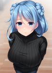  1girl absurdres alternate_costume arms_behind_back bangs black_sweater blue_eyes blue_hair blush breasts casual closed_mouth double_bun eyebrows_visible_through_hair highres kantai_collection large_breasts long_hair looking_at_viewer ruin_re_birth simple_background solo sweater turtleneck turtleneck_sweater urakaze_(kancolle) 