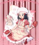  1girl :d alcremie alcremie_(strawberry_sweet) apron artist_request black_hair buttons chef_hat commentary dress eyelashes grey_eyes hair_ornament hairclip hand_up happy hat highres hikari_(pokemon) leg_up leg_warmers long_hair official_alternate_costume open_mouth oven_mitts pokemon pokemon_(creature) pokemon_(game) pokemon_masters_ex red_dress red_footwear red_mittens shoes short_sleeves sidelocks smile sparkle teeth tongue upper_teeth white_headwear yellow_apron 