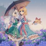  2girls :d alice_margatroid ascot bangs blonde_hair blue_dress blue_eyes bow capelet dress eyebrows_visible_through_hair feet_out_of_frame flower frills gloves hairband highres holding holding_umbrella hydrangea konpaku_youmu konpaku_youmu_(ghost) mechrailgun multiple_girls oil-paper_umbrella outdoors pantyhose parasol petticoat pink_flower profile puffy_sleeves purple_flower rain red_hairband red_umbrella ribbon sash shanghai_doll shared_umbrella short_hair short_sleeves smile standing touhou umbrella 