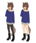  1girl agnes_tachyon_(umamusume) ahoge alternate_costume animal_ears black_legwear blue_sweater boots brown_eyes brown_hair commentary_request full_body high_heel_boots high_heels horse_ears horse_girl horse_tail jewelry long_sleeves medium_hair multiple_views nazuka_(mikkamisaki) necklace pantyhose simple_background solo standing sweater tail umamusume white_background 
