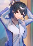  1girl :o arms_up black_hair blurry blurry_background breasts brown_hair eyebrows_visible_through_hair head_tilt highres idolmaster idolmaster_cinderella_girls jersey long_sleeves looking_at_viewer mamenoha medium_breasts ooishi_izumi partially_unzipped solo sweatdrop towel_on_one_shoulder tying_hair upper_body 