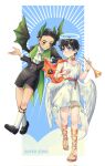  2boys angel angel_and_devil angel_wings bare_back belt_collar black_footwear black_hair black_suit blue_eyes bracelet cape collar damian_wayne demon_boy demon_horns demon_tail demon_wings evil evil_grin evil_smile feathered_wings feathers formal green_eyes grin halo heart highres holding horns jewelry jjoldi_(jjoldi5160) jonathan_kent looking_at_another male_focus multiple_boys multiple_wings sandals short_hair smile star_halo suit super_sons sweatdrop symbol-only_commentary tail thigh_strap white_legwear white_wings wings 
