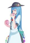  1girl blue_hair cowboy_shot eating food from_side fruit hat highres hinanawi_tenshi holding holding_food holding_fruit long_hair peach puffy_sleeves red_eyes short_sleeves simple_background solo standing tohoyuukarin touhou very_long_hair white_background 