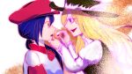  blonde_hair dolls_in_pseudo_paradise food grabbing_another&#039;s_chin hand_on_another&#039;s_chin hat jacket_girl_(dipp) japanese_clothes label_girl_(dipp) miko red_headwear rokki_hero smile touhou 