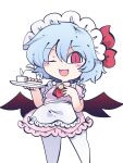  1girl ;d alternate_costume apron bat_wings blue_hair chibi cup enmaided fang feet_out_of_frame fried_rice0614 hat highres looking_at_viewer maid maid_headdress mob_cap one_eye_closed open_mouth red_eyes remilia_scarlet short_hair simple_background slit_pupils smile solo teacup touhou white_background wings 
