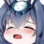  1girl absurdres azur_lane bangs blue_hair blush closed_eyes commentary crossed_bangs eyebrows_visible_through_hair hair_between_eyes hair_intakes headgear highres irkawaza long_hair new_jersey_(azur_lane) open_mouth portrait sidelocks simple_background solo white_background yawning 