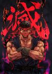  1boy belt black_gloves black_hair crossed_arms dougi evil_ryu gloves hankuri headband looking_at_viewer male_focus muscular muscular_male red_eyes red_headband ryu_(street_fighter) short_hair solo street_fighter street_fighter_iv_(series) 