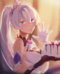  1girl absurdres asymmetrical_gloves bangs bare_shoulders black_gloves blue_eyes cake closed_eyes crown dress earrings eucacell food gloves highres holding holding_food honkai_(series) honkai_impact_3rd jewelry kiana_kaslana kiana_kaslana_(herrscher_of_flamescion) long_hair looking_at_viewer mismatched_gloves photoshop_(medium) ponytail sleeveless sleeveless_dress smile white_dress white_gloves 