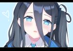  1girl aqua_background arisu_(blue_archive) artist_name bangs black_hair blue_archive blue_eyes close-up coat commentary english_commentary eyebrows_visible_through_hair hair_between_eyes heart highres long_hair looking_at_viewer necktie parted_lips sidelocks simple_background solo stryx 