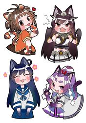  4girls :3 ahoge animal_ears animal_hands bangs black_hair breasts brown_hair cat_ears cat_girl cat_tail closed_eyes double_bun dress fangs hatsuharu_(kancolle) headgear hime_kake kantai_collection long_hair mole mole_under_eye multiple_girls nagato_(kancolle) naka_(kancolle) open_mouth pleated_skirt ponytail purple_hair sailor_collar sailor_dress school_uniform serafuku short_sleeves simple_background skirt sweat tail tongue tongue_out ushio_(kancolle) white_background 