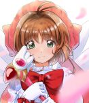  1girl absurdres antenna_hair bow brown_hair cardcaptor_sakura fuuin_no_tsue green_eyes highres holding holding_wand kinomoto_sakura looking_at_viewer magical_girl pink_headwear red_bow solo wand white_background white_wings wings ykh1028 