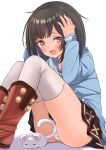  1girl black_hair blouse boots breasts cowering granblue_fantasy hands_on_own_head hekomii looking_at_viewer medium_breasts medium_hair mouse open_mouth panties pantyshot red_eyes sitting skirt solo thigh-highs underwear vikala_(granblue_fantasy) white_background white_legwear 