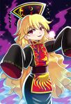  1girl :d bangs black_dress blonde_hair doku_yanagi dress eyebrows_visible_through_hair headdress highres junko_(touhou) long_hair long_sleeves looking_at_viewer open_mouth red_eyes smile solo standing tabard touhou touhou_lost_word younger 