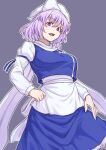  1girl blue_eyes blue_skirt blue_vest blush eyebrows_visible_through_hair grey_background hair_between_eyes hat highres kakone letty_whiterock light_purple_hair long_sleeves open_mouth shirt short_hair simple_background skirt solo touhou vest white_headwear white_shirt 