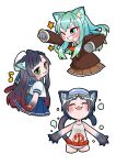  3girls :3 animal_ears aqua_hair bangs black_hair blue_skirt blush brown_jacket cat_ears cat_girl cat_tail cropped_legs diving_mask diving_mask_on_head fangs goggles goggles_on_head gradient_hair green_eyes grin hat hime_kake jacket kantai_collection long_hair maru-yu_(kancolle) matsuwa_(kancolle) multicolored_hair multiple_girls one-piece_swimsuit one_eye_closed pleated_skirt redhead short_hair simple_background skirt smile suzuya_(kancolle) swimsuit tail white_background white_headwear white_swimsuit 