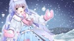  1girl :d bangs belt blue_dress blue_eyes blunt_bangs breath coat crescent crescent_hair_ornament double_bun dress eyebrows_visible_through_hair fur-trimmed_coat fur_trim grey_coat hair_ornament hat highres kagutsuchi_(victoragna) long_hair looking_at_viewer mirutani_nia night noripro nurse nurse_cap open_clothes open_coat open_mouth outdoors outstretched_arms pink_mittens pink_scarf purple_hair scarf smile snow snowing solo star_(symbol) upper_body very_long_hair virtual_youtuber white_belt white_headwear winter_clothes winter_coat 