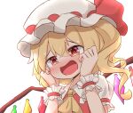  1girl ascot bangs blonde_hair blush bow coruthi crystal eyebrows_visible_through_hair flandre_scarlet frilled_shirt frilled_sleeves frills hands_on_own_cheeks hands_on_own_face hat hat_ribbon heart heart-shaped_pupils laevatein_(touhou) looking_at_viewer mob_cap one_side_up open_mouth puffy_short_sleeves puffy_sleeves red_bow red_eyes red_ribbon red_vest ribbon shirt short_hair short_sleeves side_ponytail simple_background smile solo symbol-shaped_pupils touhou vest white_background white_shirt wings yellow_ascot 