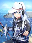  1girl blue_jacket blue_sky camouflage camouflage_jacket clouds day earmuffs fish fishing fishing_hook fishing_line fishing_rod flat_cap fusou_(fuso0205) hammer_and_sickle hat hibiki_(kancolle) highres holding holding_fishing_rod jacket kantai_collection long_sleeves ocean official_alternate_costume outdoors pier saury silver_hair sky smile solo star_(symbol) verniy_(kancolle) white_headwear 