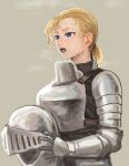  1girl absurdres armor blonde_hair blue_eyes breastplate chanta_(ayatakaoisii) from_side gauntlets grey_background headwear_removed helmet helmet_removed highres holding holding_helmet knight medium_hair open_mouth original ponytail simple_background solo steaming_body sweat upper_body visor_(armor) 