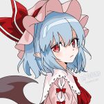 1girl ascot bat_wings blue_hair bow dress eyebrows_visible_through_hair frilled_shirt frilled_shirt_collar frills from_side gotoh510 hat hat_ribbon highres looking_at_viewer mob_cap pink_dress pointy_ears red_ascot red_bow red_eyes red_ribbon remilia_scarlet ribbon shirt short_hair simple_background solo touhou upper_body vampire white_background wings 