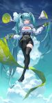 1girl aqua_eyes aqua_hair black_footwear boots breasts clouds covered_navel cumulonimbus_cloud day flag floating full_body gloves green_gloves hatsune_miku highres holding large_breasts long_hair long_sleeves looking_at_viewer night night_sky shirt shorts sky smile solo star_(sky) thigh-highs thigh_boots tokkyu twintails very_long_hair vocaloid white_shirt 