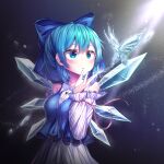  1girl absurdres adapted_costume bare_shoulders blue_eyes blue_hair blush bow cirno detached_sleeves dress gradient gradient_background grey_background hair_bow hapy_(parkhyunjae9494) highres ice ice_wings long_sleeves looking_at_animal puffy_sleeves short_hair simple_background solo touhou wings 