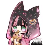  1girl :3 :d animal_ears asaki_amber bangs black_hair blunt_bangs chibi dollihime english_commentary eyebrows_visible_through_hair fox_ears fox_girl fox_tail green_eyes heart holding hood hood_up hoodie indie_virtual_youtuber long_sleeves looking_at_another multicolored_eyes multicolored_hair open_mouth parted_lips pink_eyes pink_hair pink_hoodie pink_sleeves rabbit simple_background sleeves_past_wrists smile solo sparkle sparkling_eyes tail third-party_source two-tone_hair upper_body virtual_youtuber whiskers 
