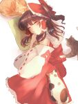  1girl animal bare_shoulders blush bow brown_hair cat closed_eyes detached_sleeves feet_out_of_frame frills hair_bow hair_tubes hakurei_reimu hand_on_own_chin highres hikage_(0hi_kageo) light_particles lying on_side parted_lips pillow red_bow red_skirt ribbon_trim skirt sleeping touhou 