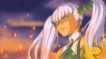  1girl blue_eyes breasts closed_mouth clouds facial_mark frown hair_tubes high_collar hyde@jekyll long_hair silver_hair solo tolone_(xenogears) twintails xenogears 