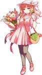  1girl acea4 animal animal_on_hand bag bird bird_on_hand blush bouquet brown_eyes brown_hair dress eyebrows_visible_through_hair flower full_body grey_legwear hat holding holding_bouquet kantai_collection lily_of_the_valley long_hair official_alternate_costume official_art orange_flower pantyhose pink_dress pink_flower pink_footwear puffy_short_sleeves puffy_sleeves purple_flower red_flower shirt shoes short_sleeves shoulder_bag smile solo thick_eyebrows transparent_background wavy_hair white_flower white_headwear white_shirt yashiro_(kancolle) 