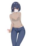  1girl alternate_costume arm_behind_back arm_support black_camisole brown_shirt camisole dark_blue_hair denim eyebrows_visible_through_hair feet_out_of_frame hair_bun highres idolmaster idolmaster_shiny_colors jeans jokarara long_sleeves looking_at_viewer morino_rinze pants red_eyes see-through_shirt shirt simple_background solo white_background white_mask 