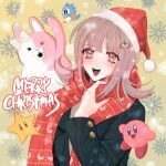  1girl :d bangs brown_background brown_hair christmas copyright_request danganronpa_(series) danganronpa_2:_goodbye_despair ear_bow galaga hair_ornament hand_up highres jacket kirby kirby_(series) long_sleeves medium_hair merry_christmas monomi_(danganronpa) nanami_chiaki open_mouth peosi_(percy) pink_eyes red_scarf scarf shiny shiny_hair shirt smile snowflake_print star_(symbol) super_mario_bros. teeth upper_teeth 