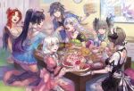  6+girls blue_eyes bronya_zaychik brown_hair cake cake_slice casual chopsticks closed_mouth doll eating eyewear_on_head food fu_hua full_body glasses grey_eyes grey_hair holding holding_chopsticks homu_(honkai_impact) honkai_(series) honkai_impact_3rd kallen_kaslana kallen_kaslana_(ritual_imayoh) kutty-sark long_hair maid multiple_girls murata_himeko open_mouth pillow plate purple_hair raiden_mei redhead rita_rossweisse sitting table television theresa_apocalypse violet_eyes white_hair yae_sakura yae_sakura_(goushinnso_memento) yellow_eyes 