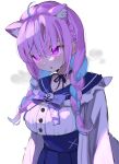  animal_ear_fluff animal_ears bangs black_choker blue_hair blue_skirt braid breasts cat_ears choker cowlick eyebrows_behind_hair high-waist_skirt highres hololive kemonomimi_mode medium_breasts minato_aqua multicolored_hair open_mouth purple_hair sailor_collar satsukl_5 shaded_face shirt skirt steam sweat twin_braids virtual_youtuber white_background white_shirt 