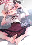  1girl absurdres barefoot blue_archive blush fang feet flower glasses hair_flower hair_ornament halo highres koyansuee long_hair looking_at_viewer mutsuki_(blue_archive) open_mouth red_skirt shirt short_sleeves silver_hair sitting skin_fang skirt solo toes violet_eyes white_shirt 
