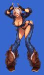  1girl angel_(kof) boots bra chaps cowboy_boots cropped_jacket finger_horns fingerless_gloves gloves hair_over_one_eye highres index_fingers_raised jacket jinmessan leather leather_jacket simple_background snk solo strapless strapless_bra the_king_of_fighters the_king_of_fighters_xiv the_king_of_fighters_xv toned underwear white_hair 