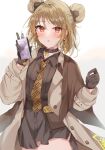  1girl bangs black_gloves brown_coat brown_necktie coat collar collared_shirt commission double_bun earrings girls_frontline gloves highres holding holding_phone jewelry light_brown_hair long_sleeves looking_at_viewer maruro necktie open_mouth p90_(girls&#039;_frontline) phone red_eyes shirt short_hair single_earring skeb_commission solo standing white_background 