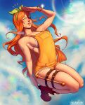  1girl absurdres bangle bikini bikini_top_only boots bracelet breasts brown_footwear clima-tact day full_body highres jewelry jumping legs_together lens_flare lips long_hair nami_(one_piece) nose one_eye_closed one_piece orange_eyes orange_hair orange_overalls overalls shading_eyes shoulder_tattoo sideboob skindentation smile solo swimsuit tattoo thigh_strap valentina_tavolilla watermark white_bikini 