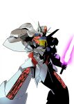 beam_saber claws commentary energy_sword glowing green_eyes gundam gundam_aerial gundam_suisei_no_majo highres left-handed looking_at_viewer mecha mobile_suit no_humans oro_(0117002) solo sword v-fin weapon white_background 
