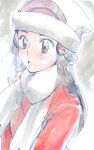  1girl beanie black_hair breath brown_eyes hair_ornament hairclip hat highres hikari_(pokemon) long_hair mochikoo open_mouth pokemon pokemon_(game) pokemon_dppt scarf simple_background solo white_headwear winter_clothes 